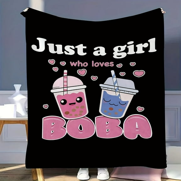 Anime Boba Fleece Throw Blanket Ultra-Soft Lightweight Flannel for Youngsters & Girls Cute Cartoon Design with Boba & Bubble Tea Perfect Gift