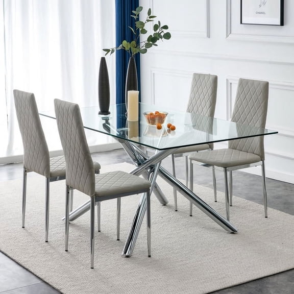 KEINXS High back dining chairs without arms, set of 4, dining chairs. Suitable for dining room, living room, kitchen and office. gray chair with galvanized metal legs