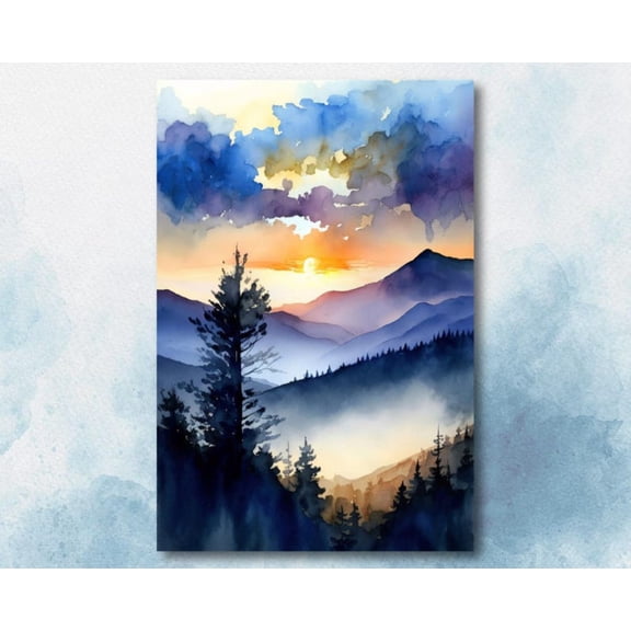 Mountain Sunrise Watercolor Print, Cloudy Scenic Landscape Poster Wall Art, Nature Inspired Canvas Art, Blue and Orange Sky, Woodland Home Decor