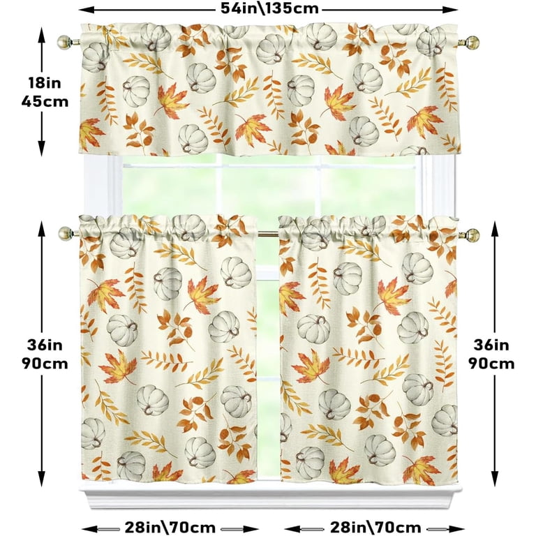 Miffrank 3-Piece Fall Kitchen Curtain Set | Pumpkin & Eucalyptus Leaf Farmhouse Valance & Tier Panels For Autumn Decor
