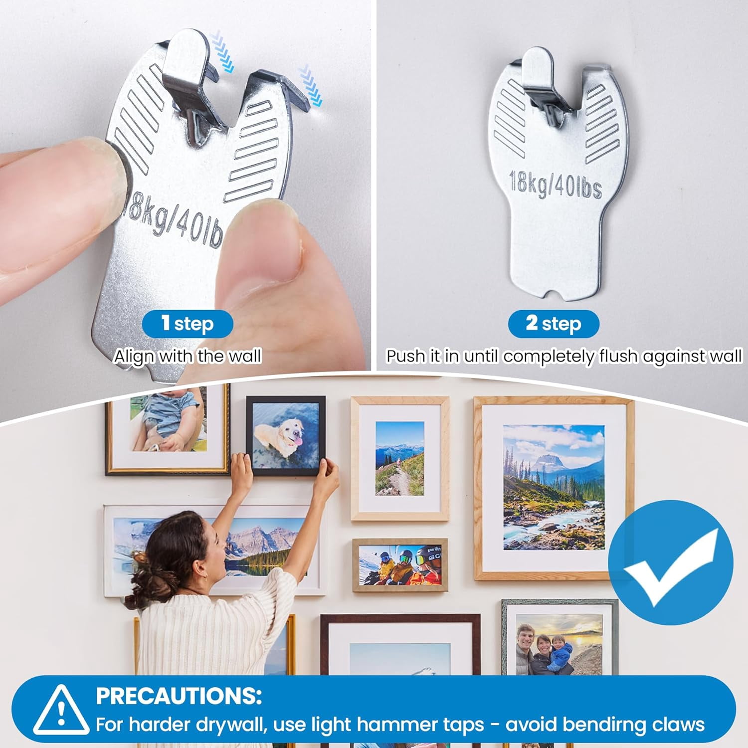 JJEAN-Claw Drywall Picture Hangers 30 Pack, Picture Hanging Hooks Support 40Lbs, Drywall Picture Hanger for Photos, Posters, Mirror, Painting, Minimal Damage Wall Hooks