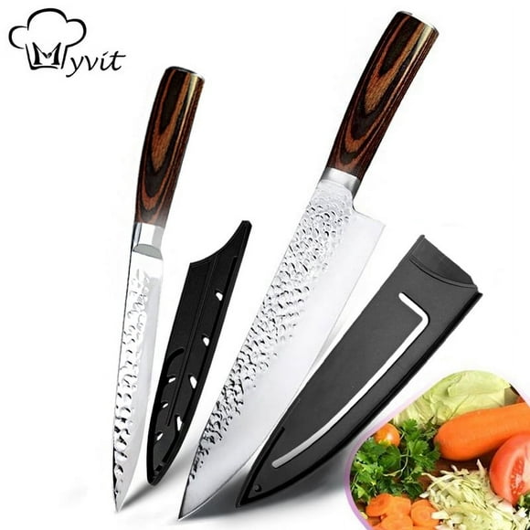 Paquete de 2 Cuchillos de Chef Japoneses, Acero Inoxidable Alto Carbono, Ultra Afilados con Mango Ergonómico y Patrón Martillado Irregular para Cortar y Rebanar
