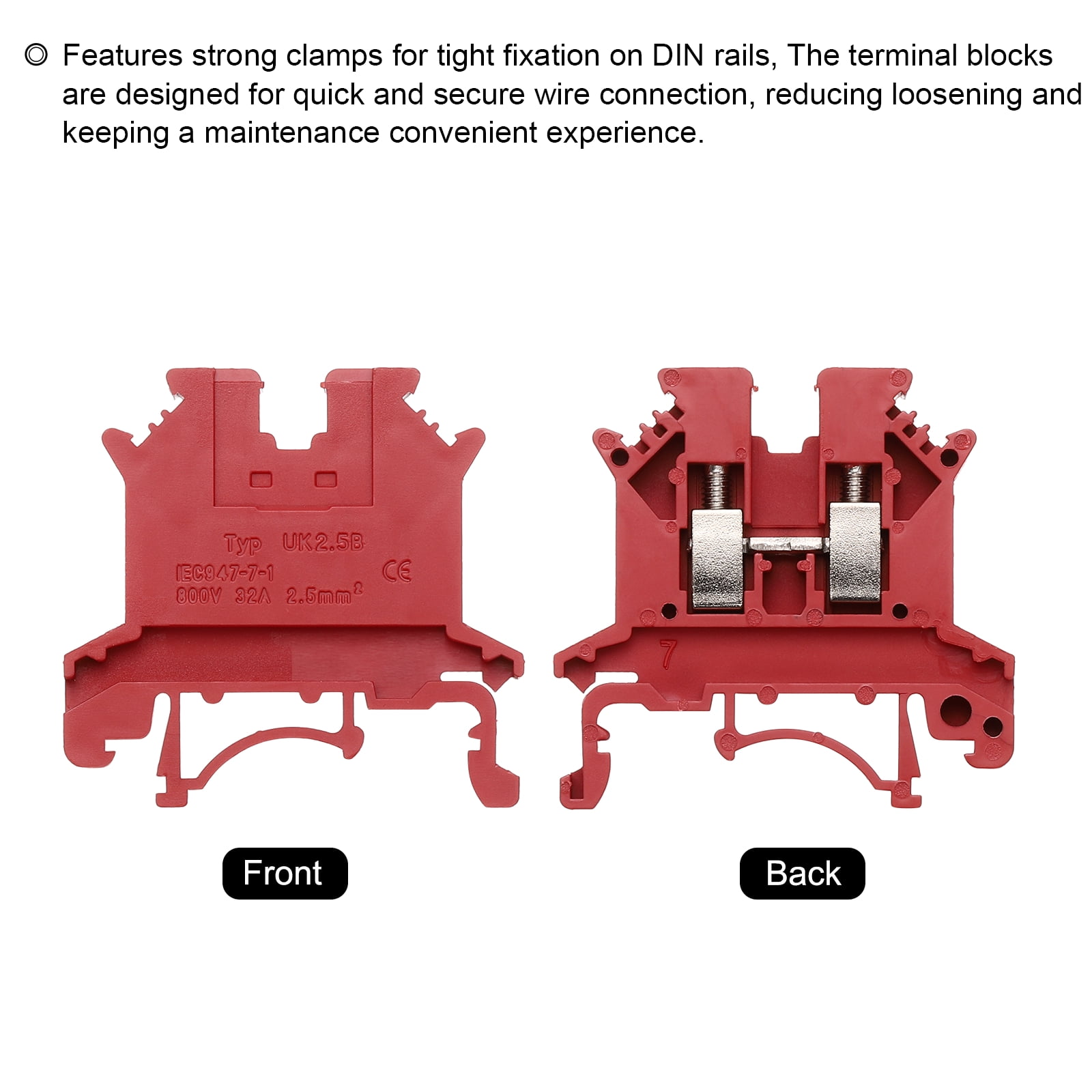 Uxcell Terminal Blocks 100 Pack UK-2.5B Rail Mount Fuse Holder Screw Terminal Block Wire End Bracket Stopper Din Rail Screw for DIY Electronic Circuits Machine Appliances, Red