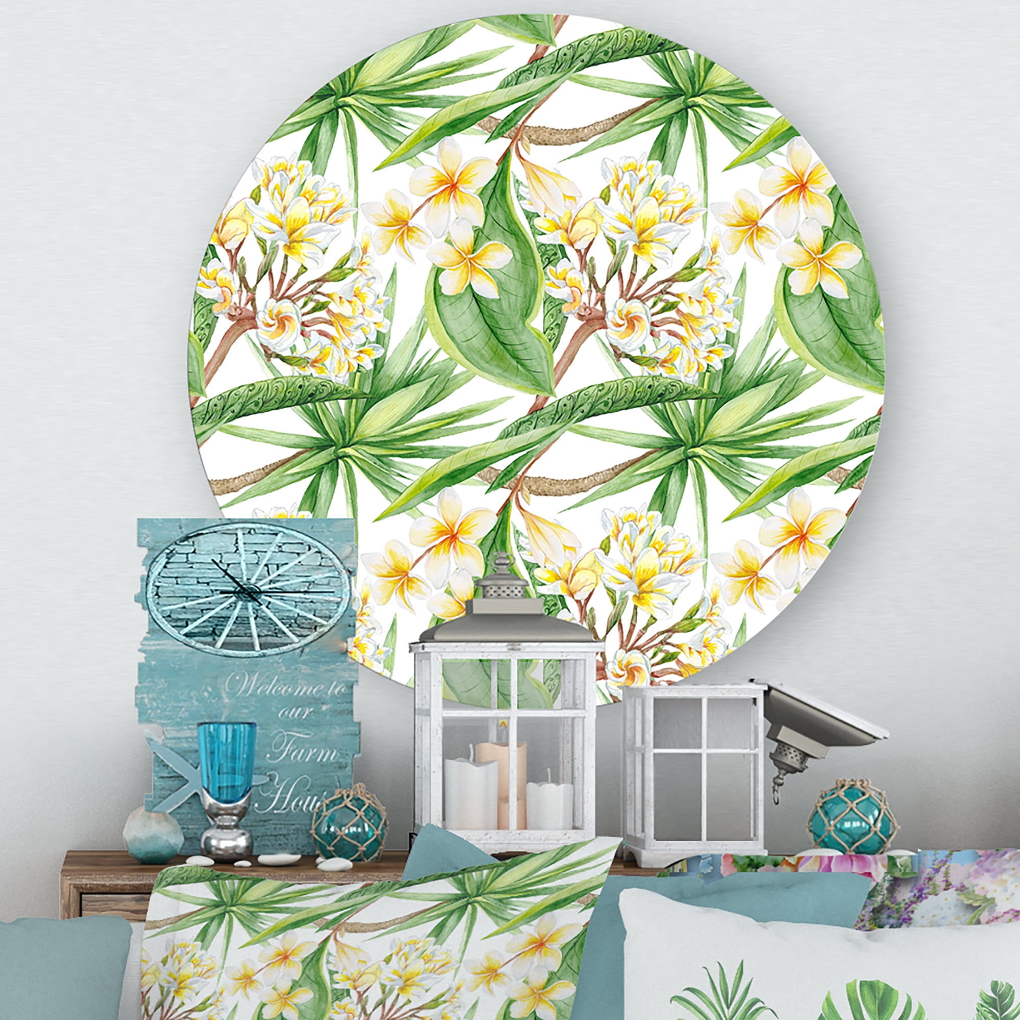 Designart 'Yellow Flowers and Tropical Foliage VI' Modern Circle Metal Wall Art 11x11 - Disc of 11