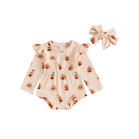 

REDWOON Baby Girl Holiday Outfit Pumpkin Ruffle Long Sleeve Romper Headband