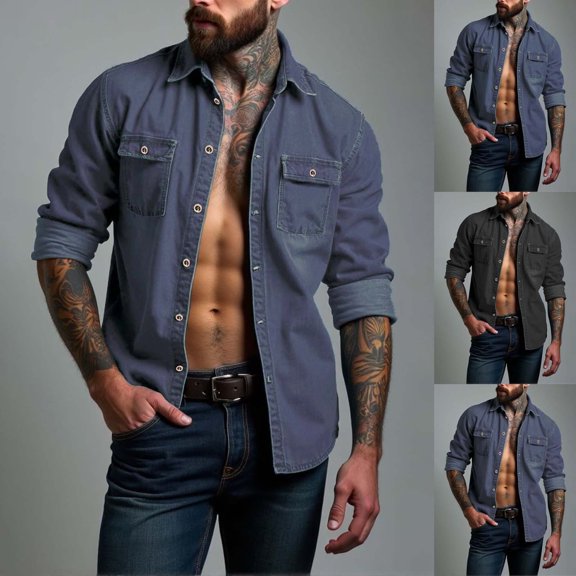 Men’s Long Sleeve Lapel Solid Color Denim Shirt Jacket Casual Spring Autumn Top