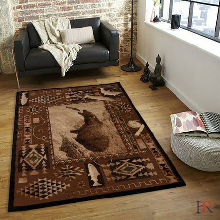 Hr South Western Desing Bear Fish Hunting Rustic Cabin Area Rug