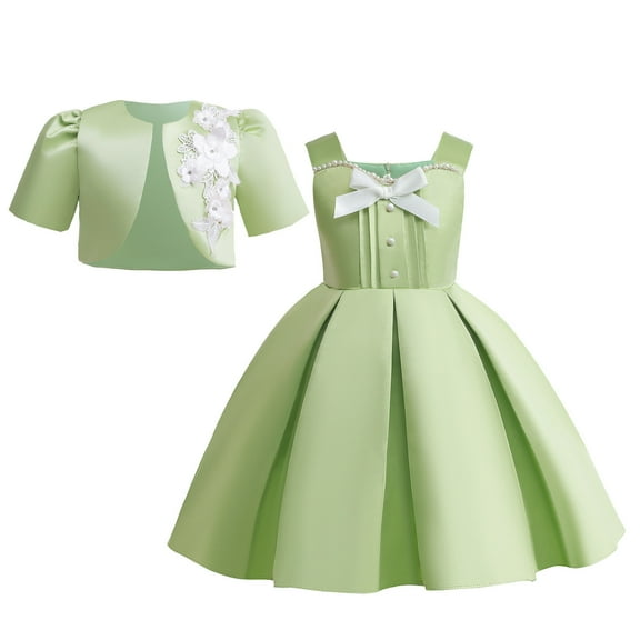 Sngxgn Girls Dresses Short Sleeve Solid Color Casual A-Line Pleated Dress(Green,150)