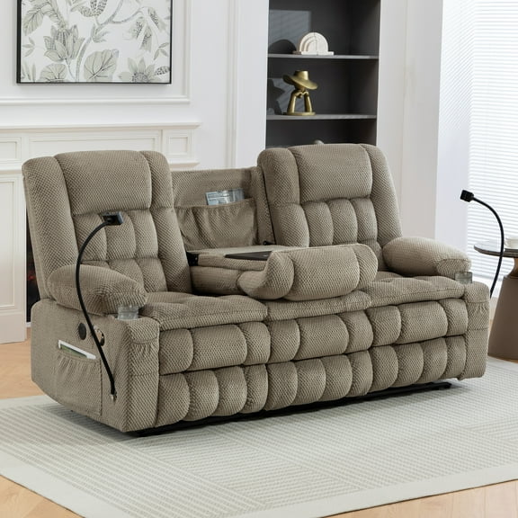 Manual Recliner Sofa, 3 Seater Reclining Couch with Fold-Down Console and Hidden Storage, Double Padded Recliner Sofa for Living Room, Apartment, RV (Sand)