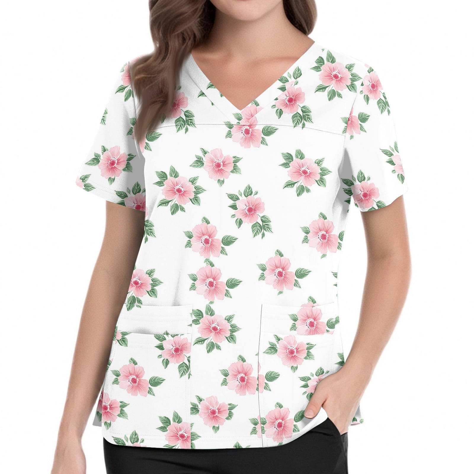 Scrub Tops Women Funny Floral Print Nurse Uniforms Fashion V Neck Side Slits Scrub Shirt Holiday Short Sleeve Tees Blouse with Pockets White 5XL