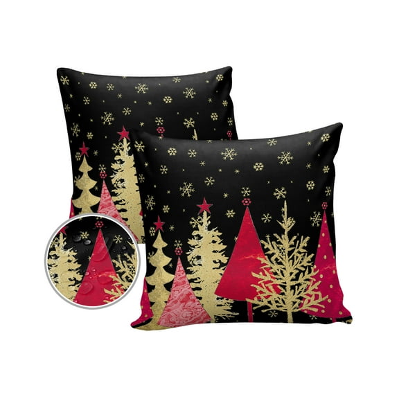 Pack of 2 Outdoor Pillow Covers, Red Gold Christmas Tree Winter Snowflake Black Waterproof Square Throw Pillowcase Cushion Decorative Pillow Covers for Couch Patio Tent, 20x20 in