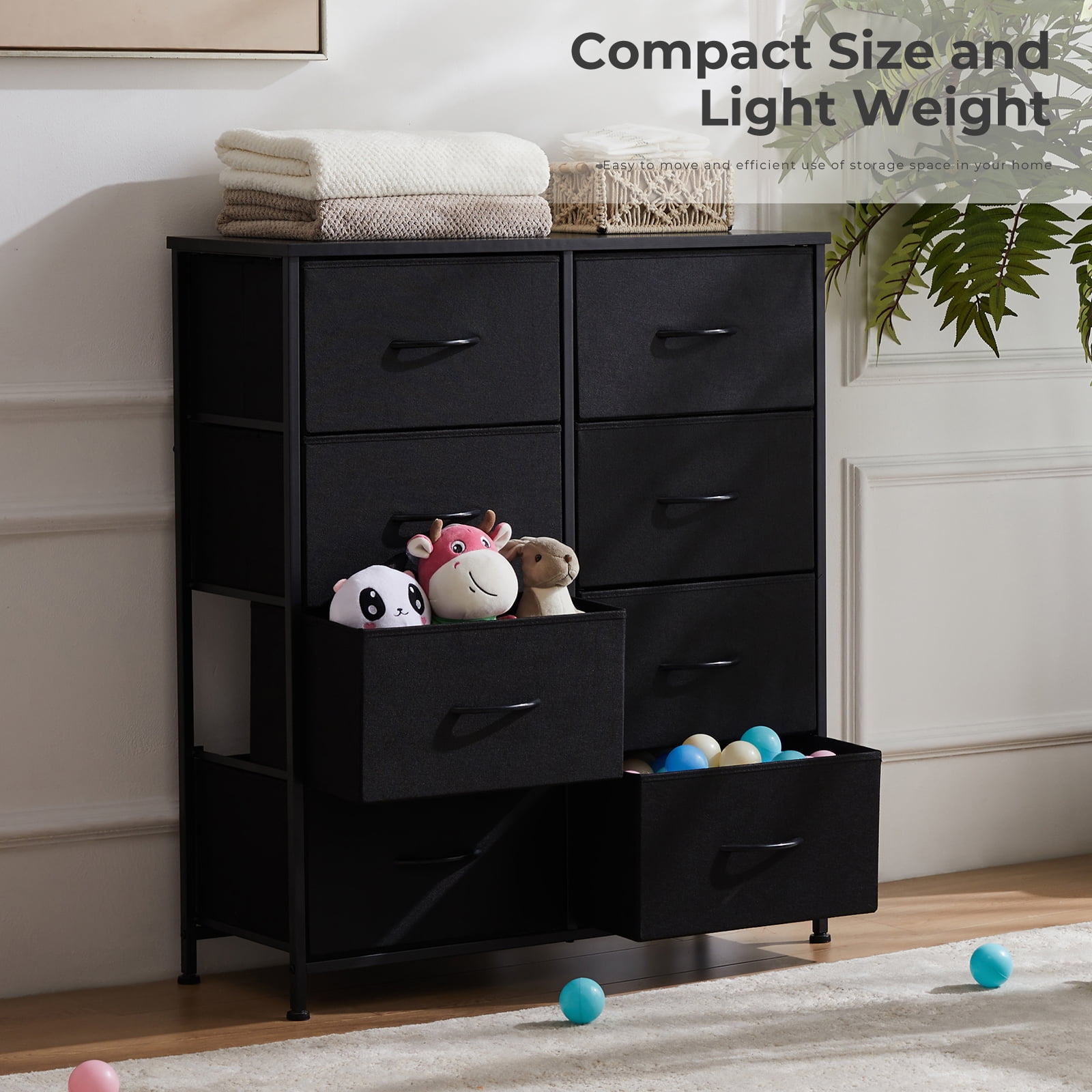 Aidoly Dresser for Bedroom, 8 Storage Drawers, Anti-Tip Fabric Closet Chests Organizer Tower Furniture with Wooden Top Metal Frame for Clothes, Living Room, Hallway, Entryway, Black