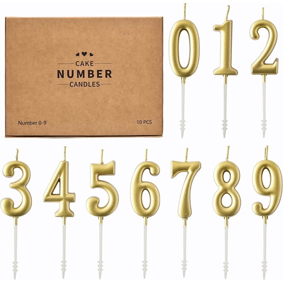 10-Pieces Gold Numeral Birthday Candles, Cake Numeral Candles Number 0-9 Glitter Cake Topper Decoration for Birthday,Wedding Anniversary,Party Celebration