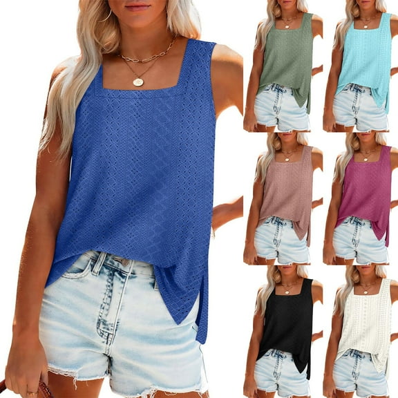 Olyvenn Tank Top for Women Loose Fit Eyelet Summer Tops Flowy Sleeveless Blouses Pleated Square Neck Curved Hem Fashion Army Green XL
