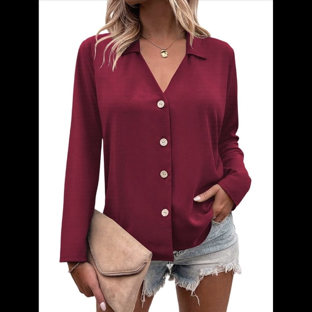 Camisetas de Mujer con Botones, Mangas 3/4, Cuello en V, Camisetas Casuales de Verano para Mujer Vino Tinto XXL