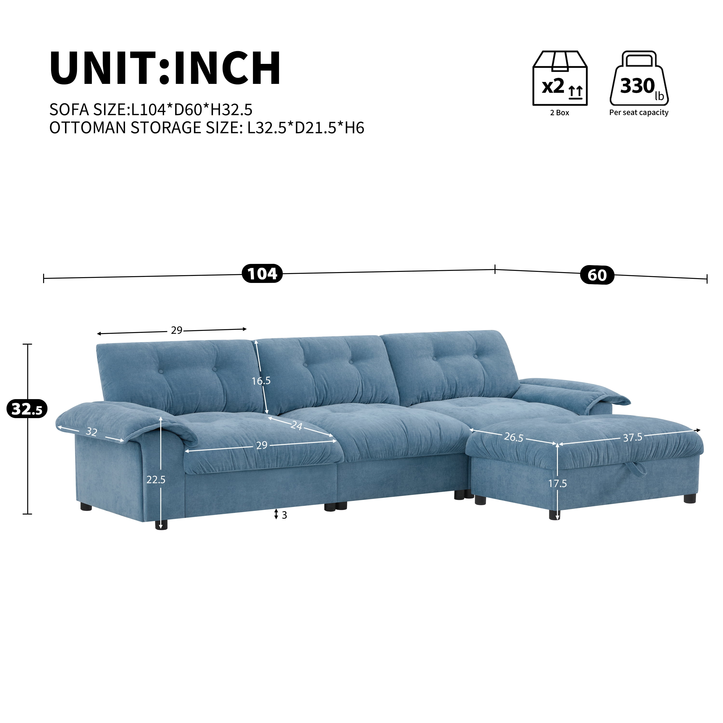 Sectional Sofa, L Shape Sofa, Tufted Sofa with Multifunction Pull-Out Armrest and Storage Ottoman, Chenille Couch with Side Storage Pockets, for Living Room, Light Blue