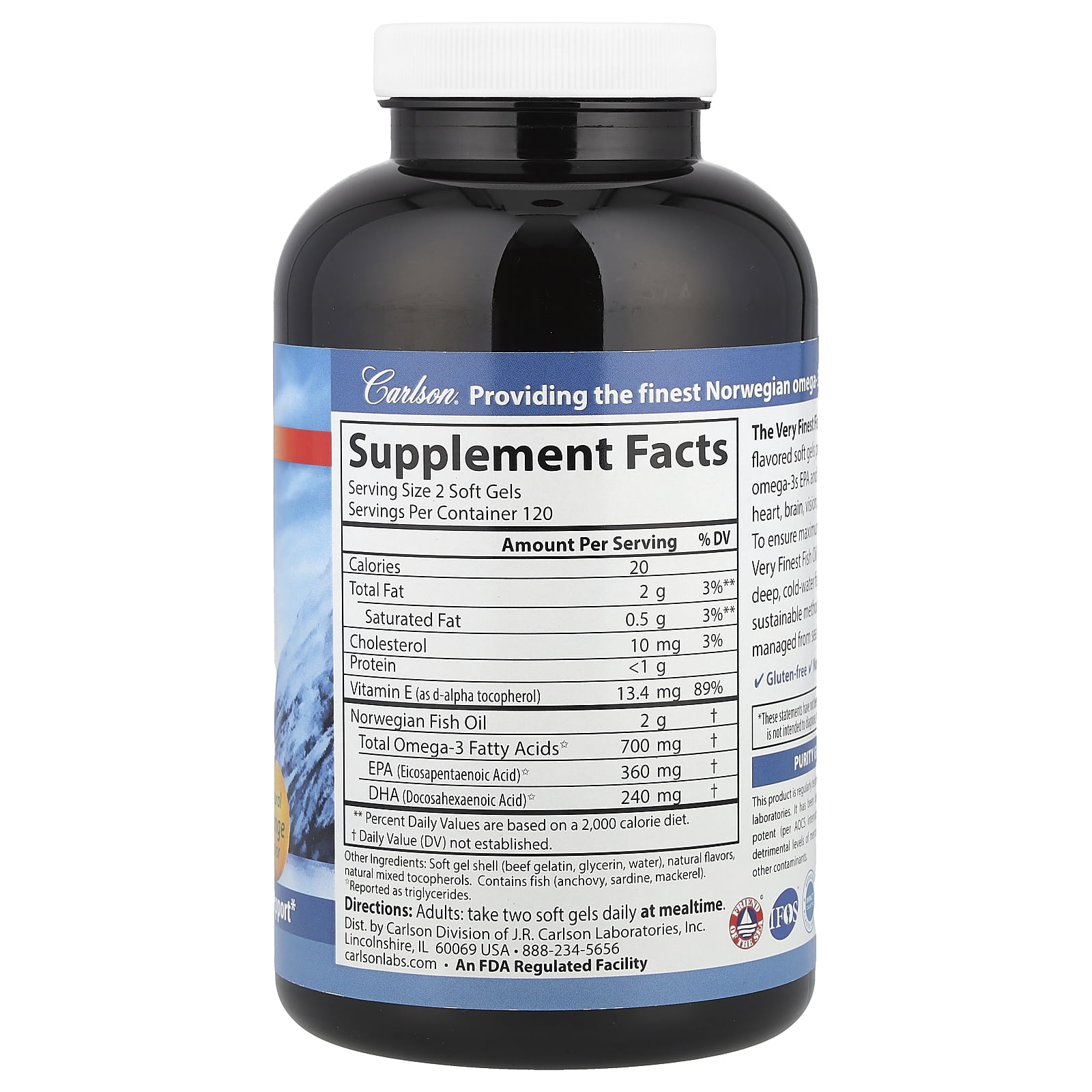 Carlson Very Finest Fish Oil Omega-3 Orange Flavor - 1000mg 240 Softgles