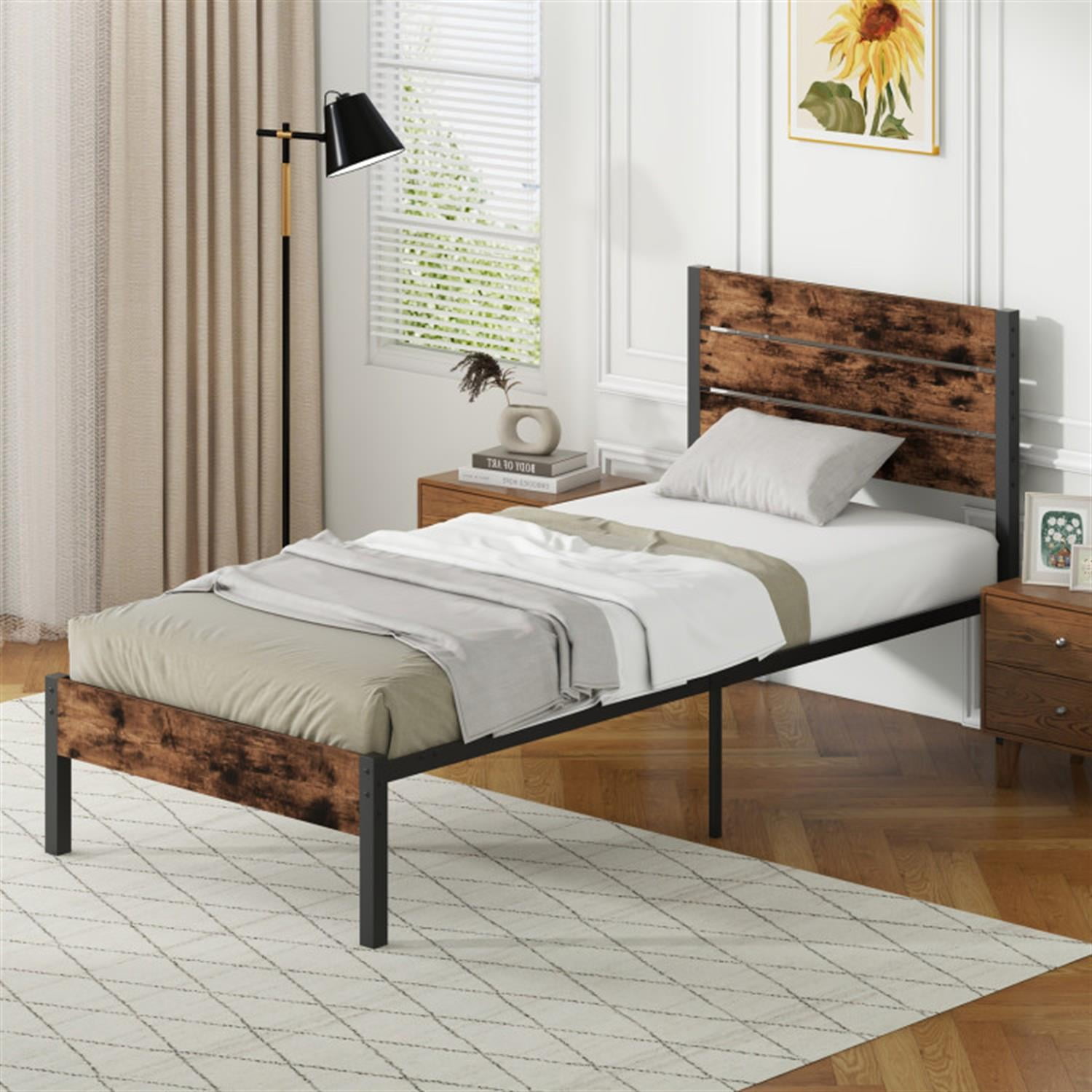 Demi Bonn Twin Size Bed Frame with High Headboard and Mute Bar, Industrial Metal Platform Bed Frame with Under Bed Storage, No Box Spring Needed, Brown