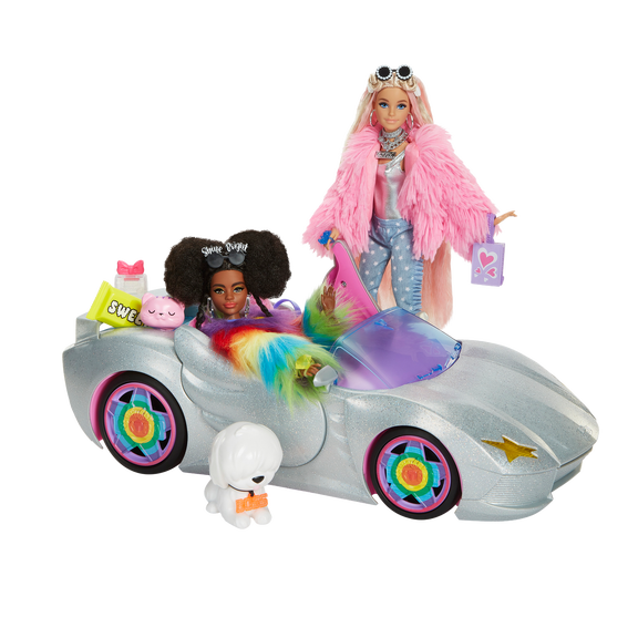 Barbie Extra Cabrio Car Set with 2 Extra Dolls, 2 Pets, Convertible & 14 Accessories