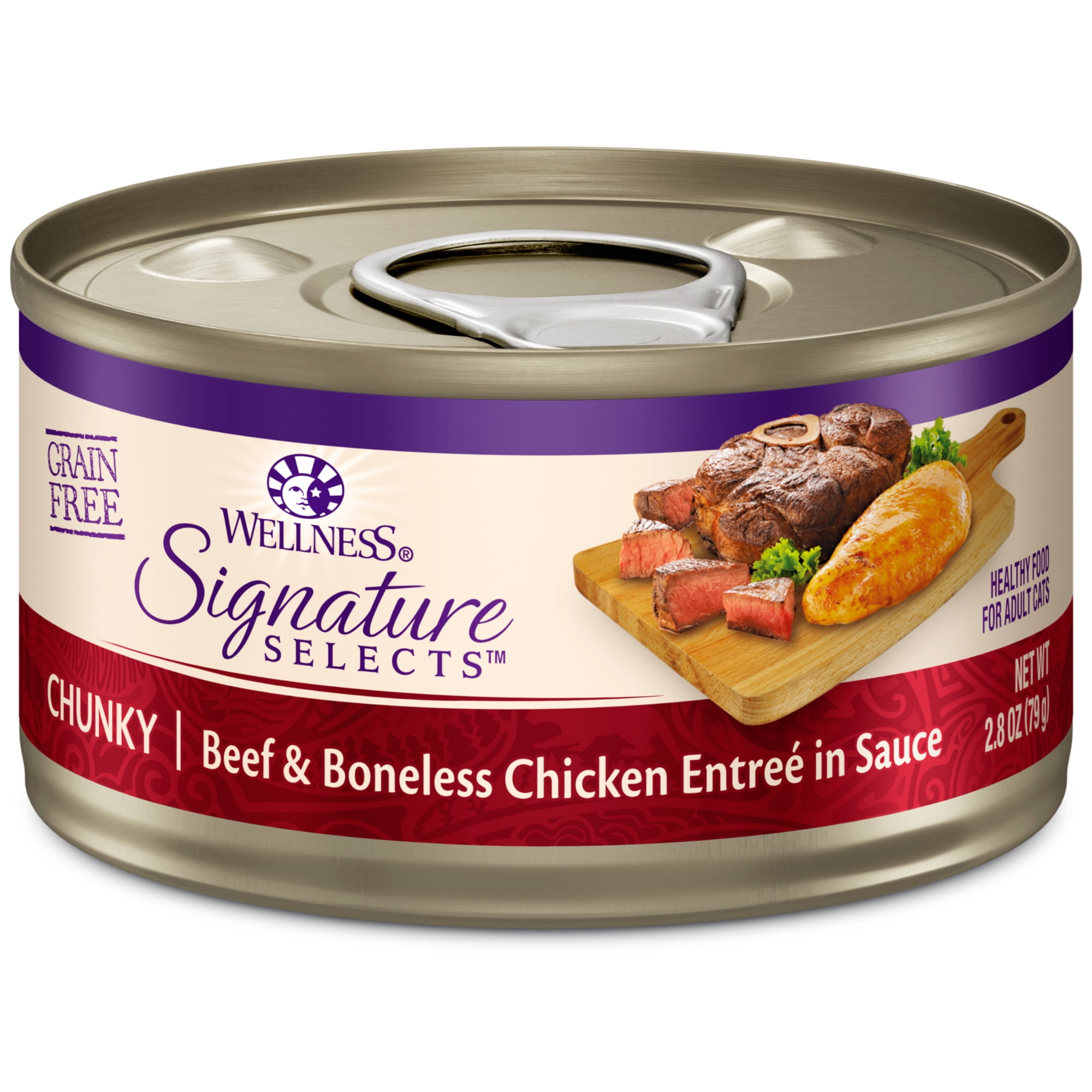Wellness CORE Signature Selects Chunky Adult Canned Wet Cat Food, Natural, Protein Rich, Grain Free, Beef and Chicken Entrée Recipe, 2.8 oz, Pack of 12 Cans
