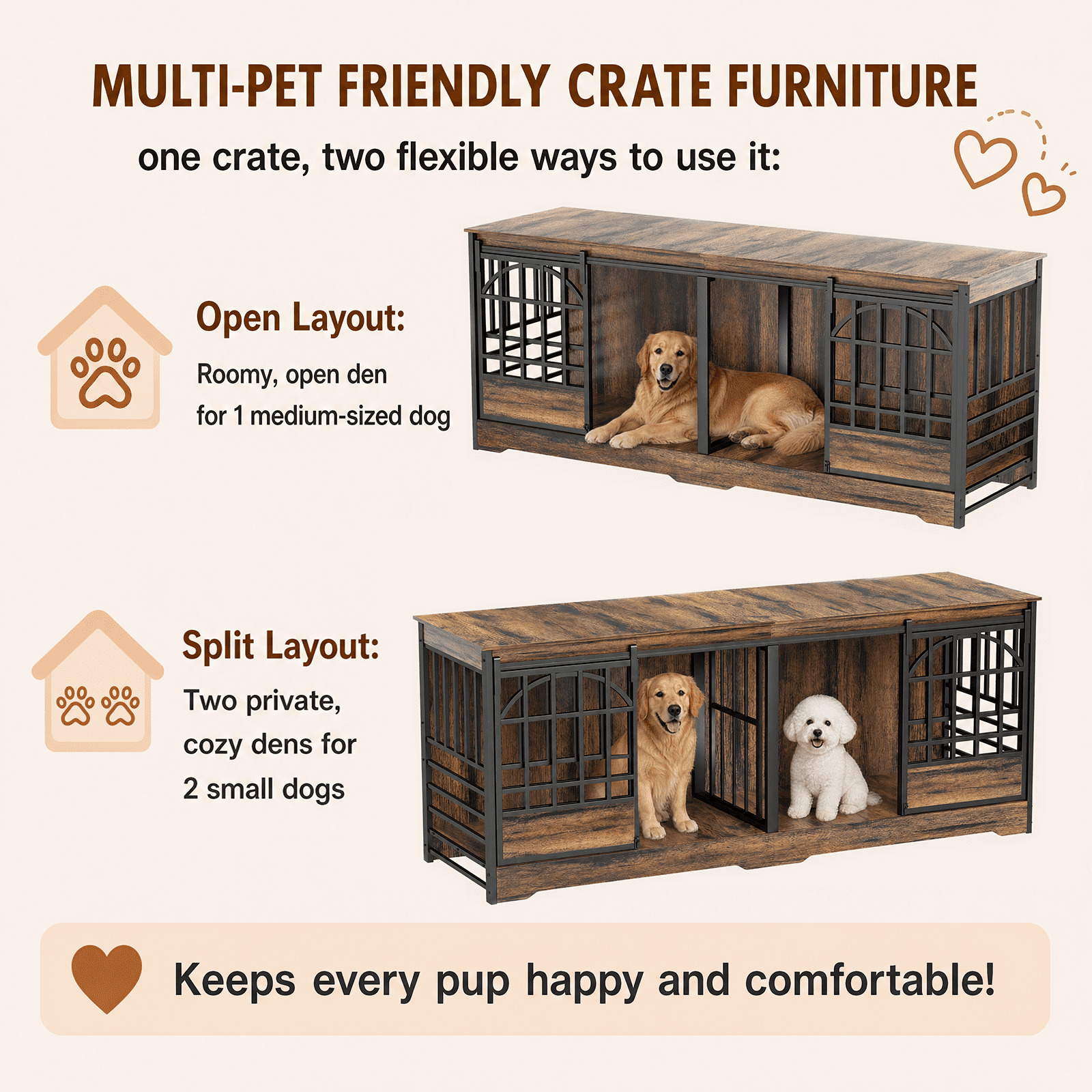 Fowroa 78 inch Extra Large Double Dog Crate Furniture, Heavy Duty Indoor XXL Dog Kennel with Removable Divider, Brown