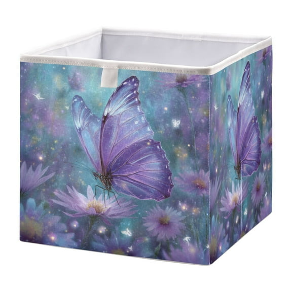 WOBOGO Purple Sparkling Butterfly Storage Basket Foldable Easy to Clean Durable with Hollow Support Plate with Handle 11.02×11.02×11.02 in