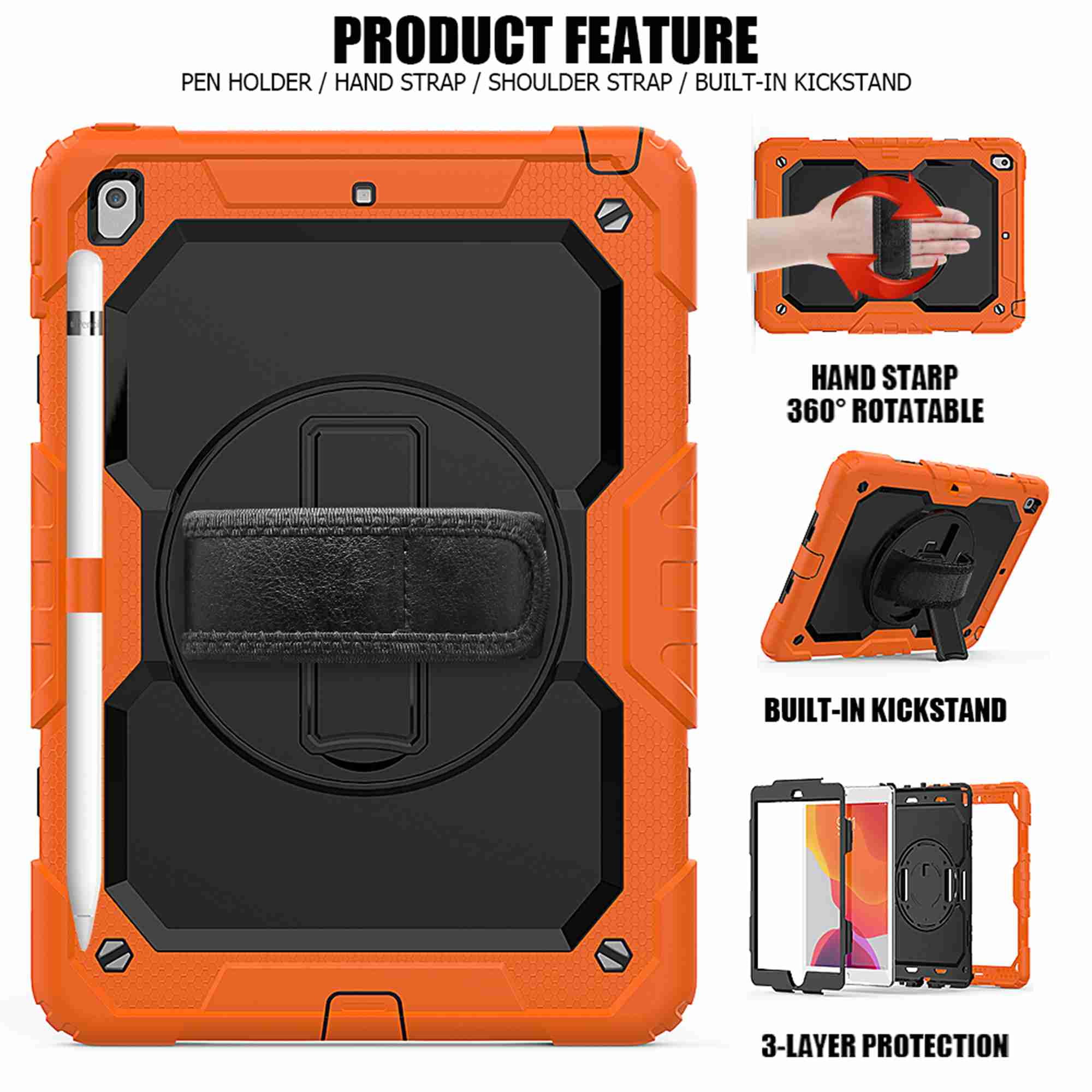 Dteck iPad 9th/ 8th/ 7th Generation Case (iPad 10.2 Case 2021/ 2020/2019) with Screen Protector Pencil Holder Kickstand Hand/ Shoulder Strap,Durable Protective Case for iPad 10.2 inch,orange+black