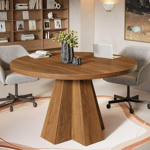 Fimind Round Conference Table for Office, Small Meeting Table with Thickened Top & Tapered Base, Space-Saving Table for Conference Room, Meeting Room, Walnut Brown