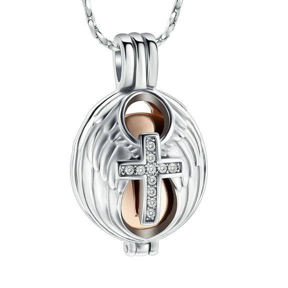Personalize Stainless Steel Wings Cross with Urn Pendant Memory Necklace for Cremation Ashes Holder Memorial Jewelry