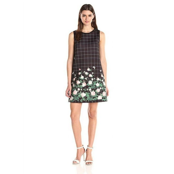 ERIN Women's Roses Plaid Dress, Black, 4