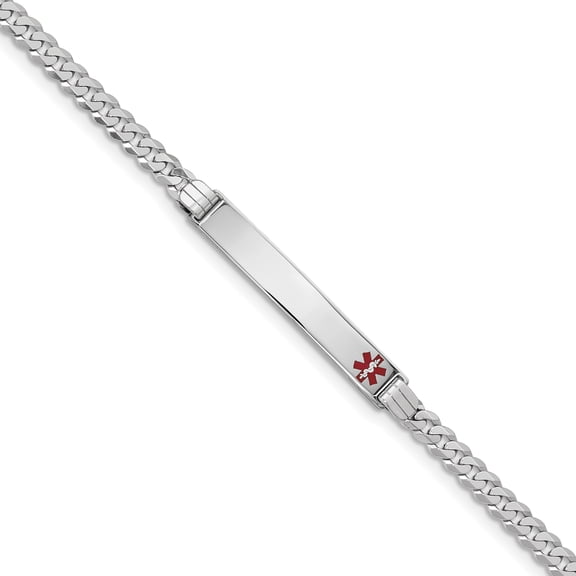 14K White Gold Medical Red Enamel Flat Curb Link ID Bracelet