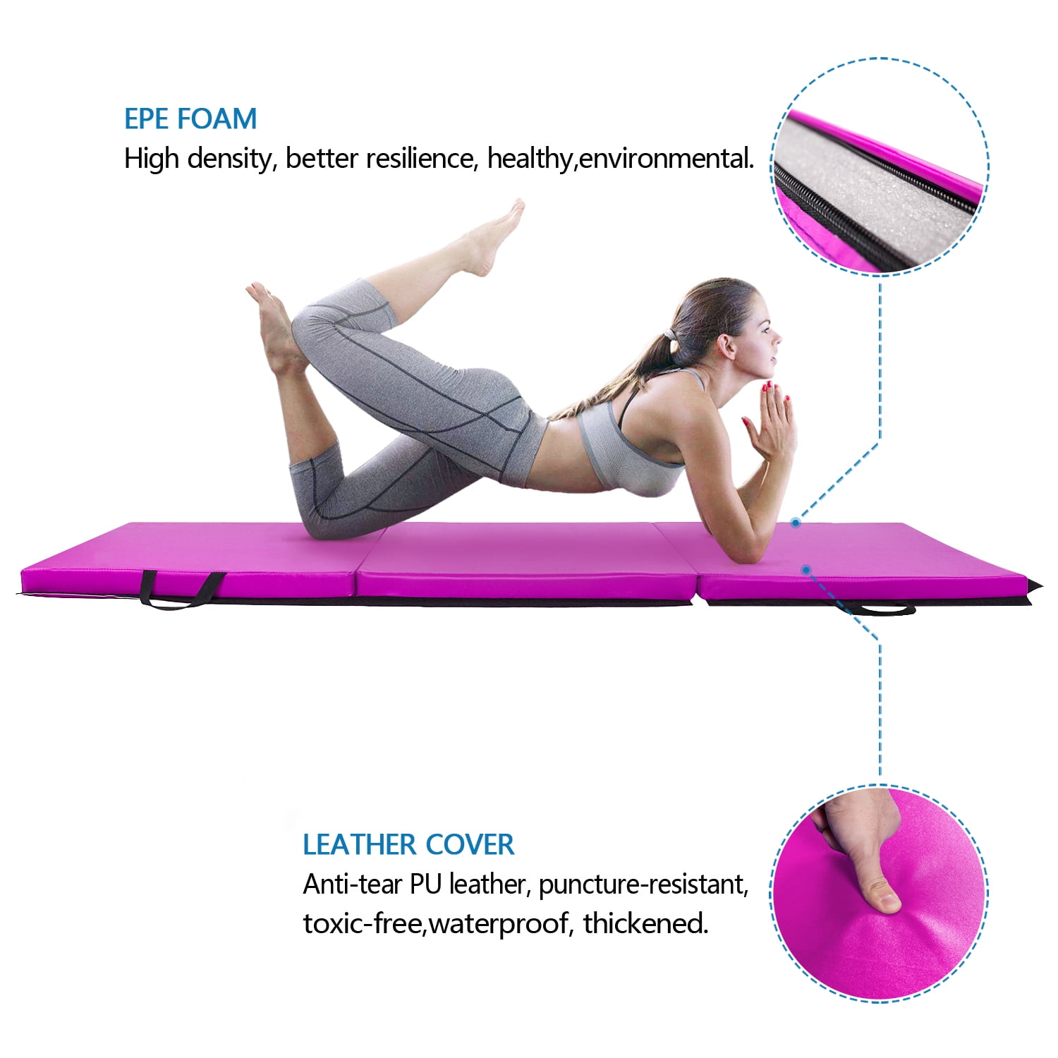 Matladin 6' Folding Tri-fold Gymnastics Gym Exercise Aerobics Mat, 6ft x 2ft x 2in PU Leather Tumbling Mats for Yoga Cheer leading(Purple)