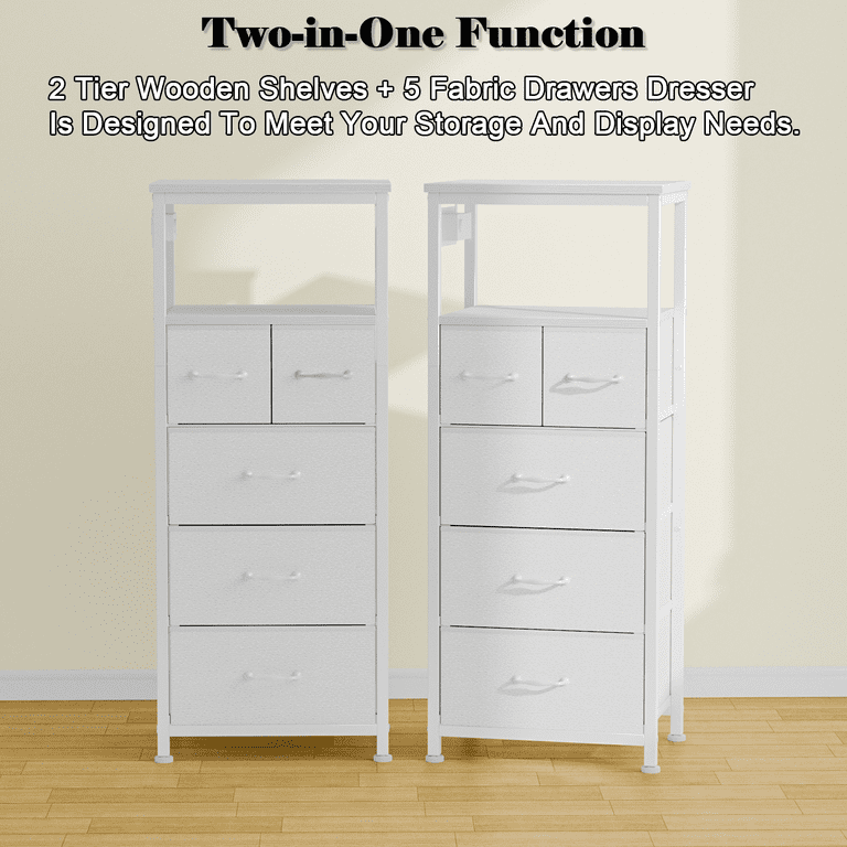Furnulem White Dresser Vertical Storage Tower with 5 Drawers for Bedroom Living Room Nightstand with Outlets Led Lights Side Table for Adult