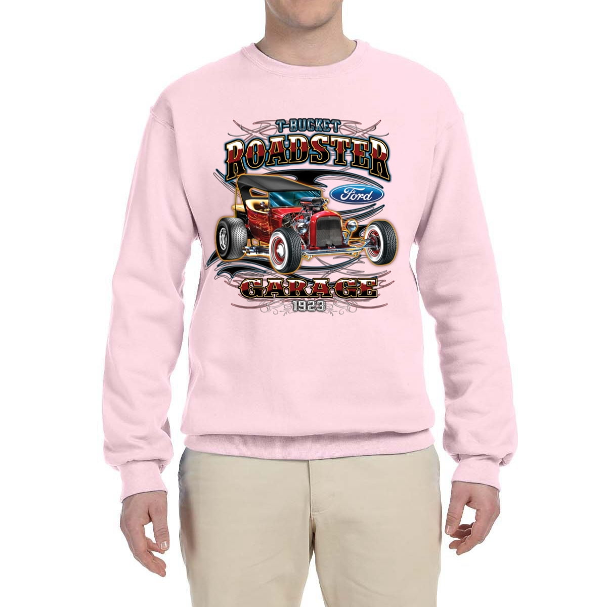 Wild Bobby, Ford Retro T-Bucket Roadster 1923 Vintage Garage Motors, Cars and Trucks, Unisex Crewneck Graphic Sweatshirt, Light Pink, 3X-Large, Adult
