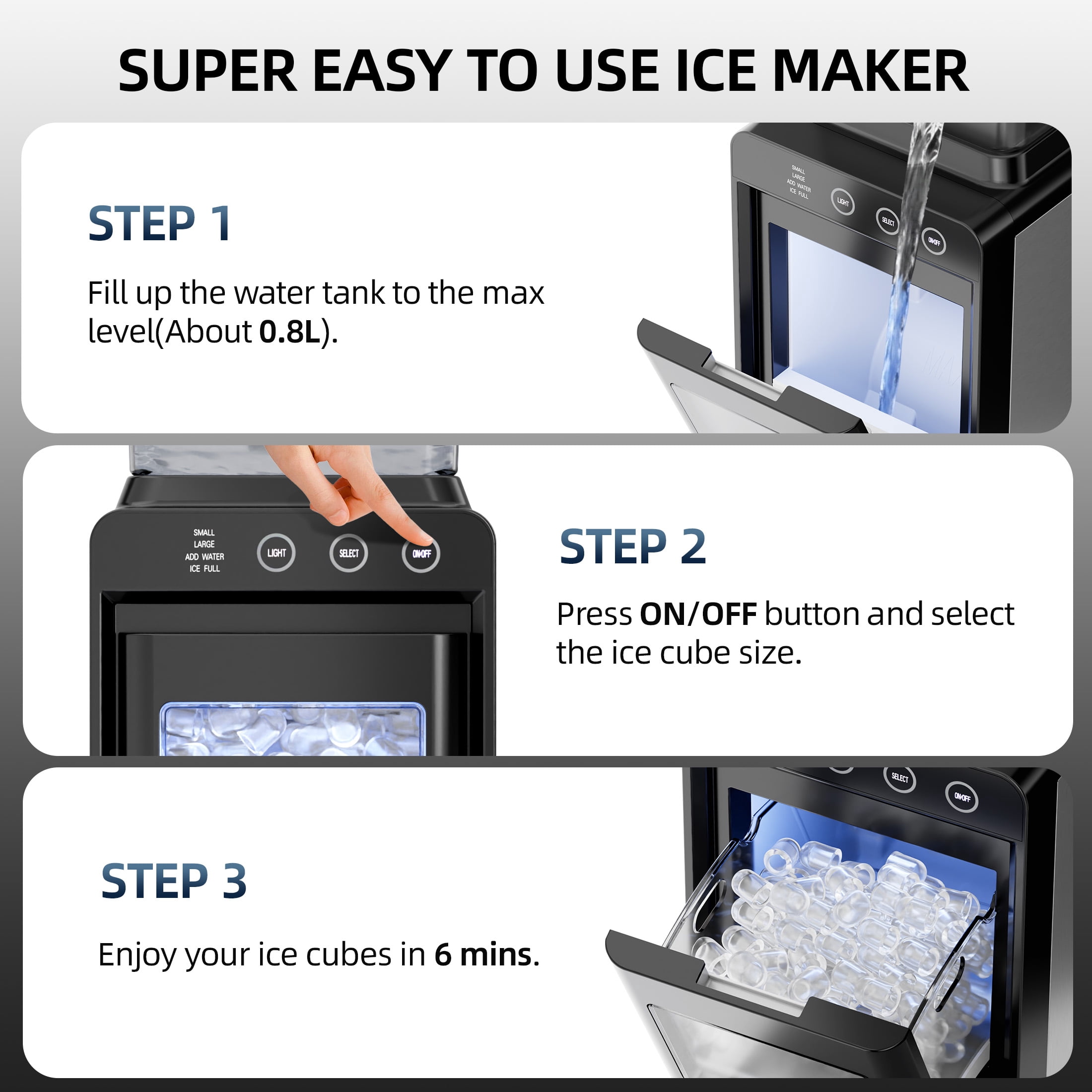 Auseo Countertop Ice Maker Portable, 26 lbs/Day, 8Pcs in 6Mins, Auto-Cleaning, Ice Machine with Ice Scoop, for Home/Office/Party(Black, Water Tank)