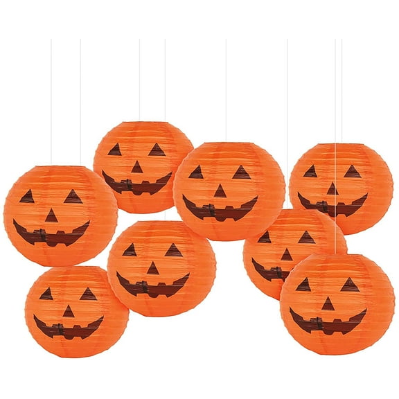 15 Inch Halloween Paper Pumpkin Lanterns Jack-O-Lanterns Hanging Halloween Decorations Outdoor Indoor Halloween Party Decorations, Pack of 8
