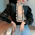 thumbnail image 6 of PIKADINGNIS Autumn New Retro Palace Style Blouses Hit Color Wood Ear Stitching Women Blouse Stand Collar Korean Velvet Shirts, 6 of 6