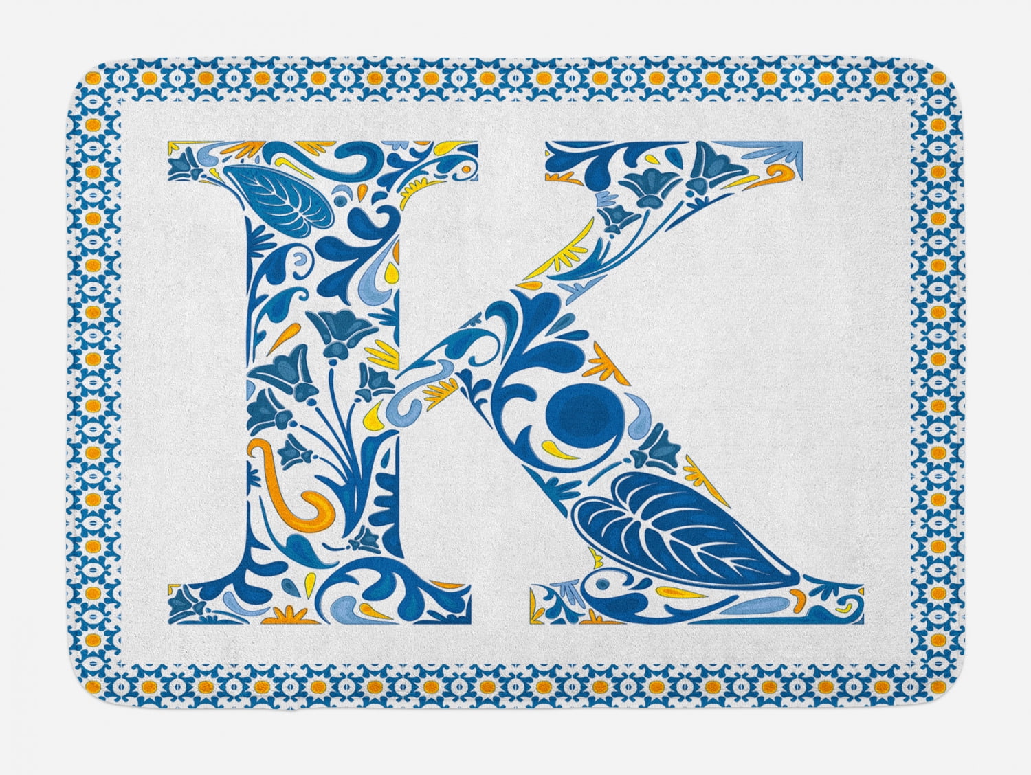 Letter K Bath Mat, Abstract Artistic Leaves and Blooms and Capital