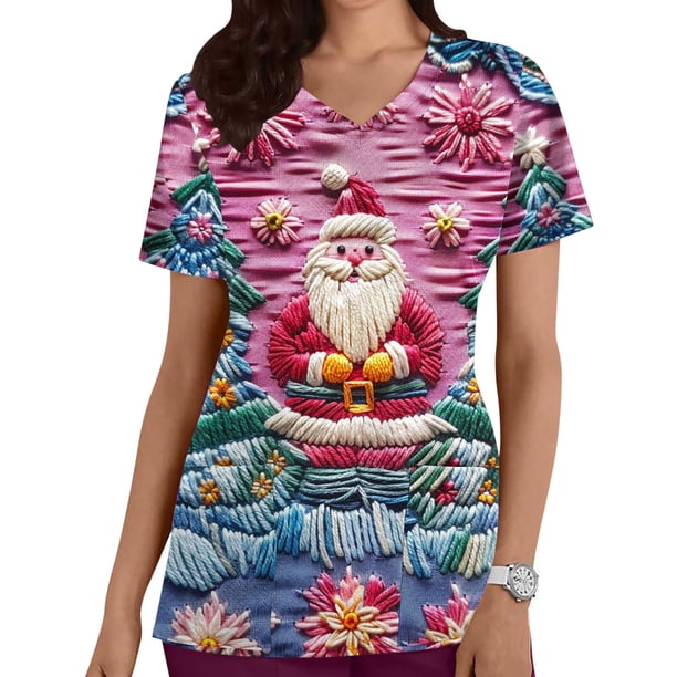 Puntoco Camiseta de enfermera informal con cuello en V y manga corta con bolsillo estampado para mujer