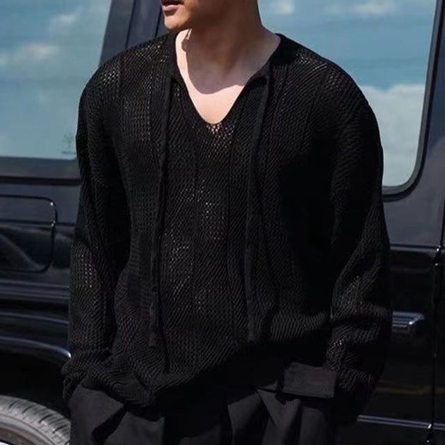 pstuiky camisas de manga larga para hombre, Suéter de punto transparente, elástico, con cuello en V y manga larga para hombre. top de hombre m