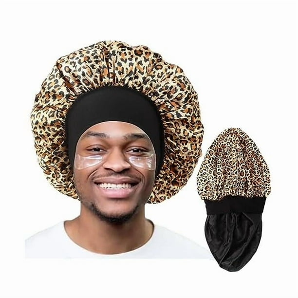wonima11 Bonnet for Men,Hair Bonnet for Sleeping,Double Layer Satin Bonnets for Black Women Curly Hair Braids,Reversible Sleep Cap (Large,Black/Leopard)