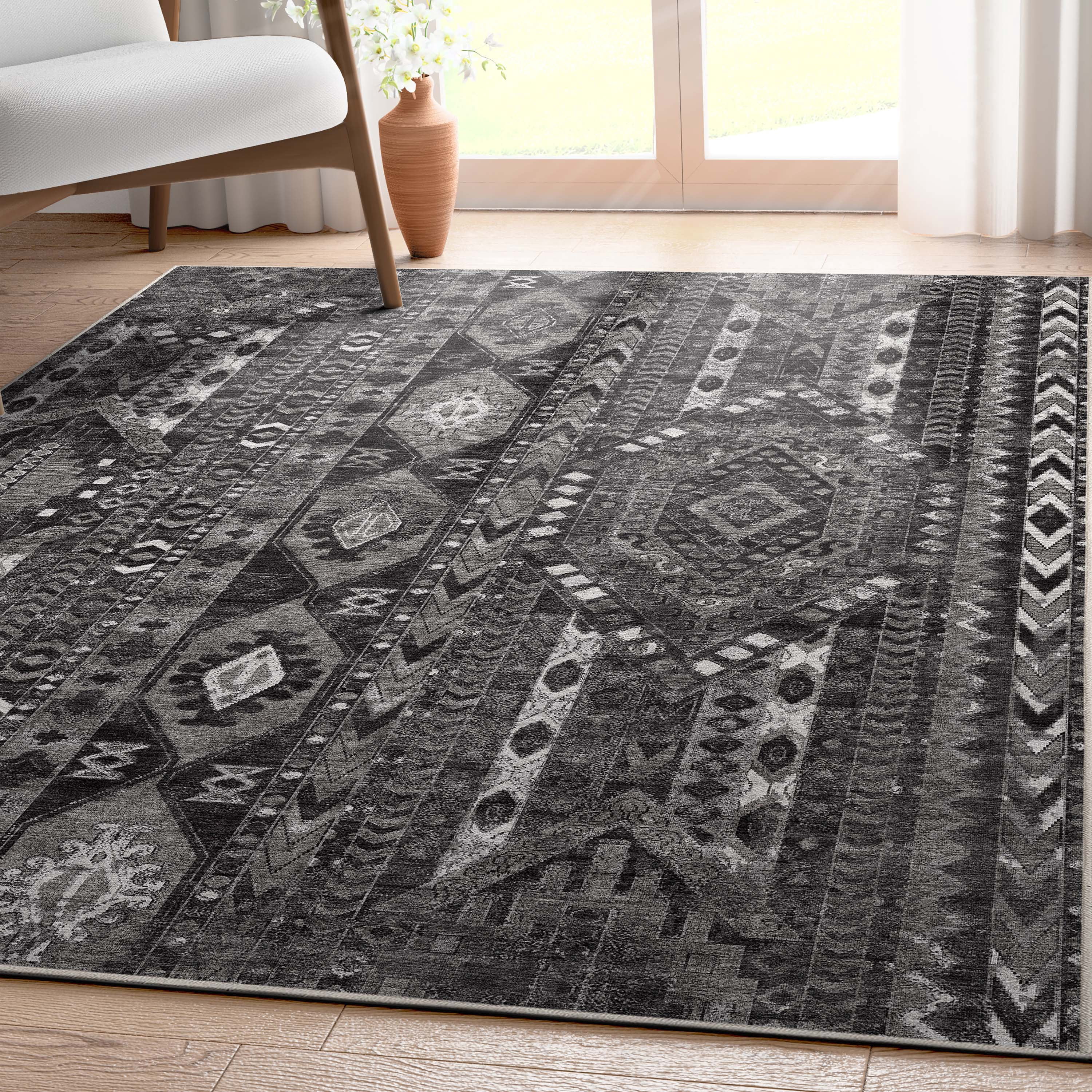 Well Woven Apollo Rodeo Vintage Medallion Tribal Black Grey Flat Pile Easy to Clean 5'3" x 7'3" Area Rug for Living Room Dining Room Bedroom and Kitchen