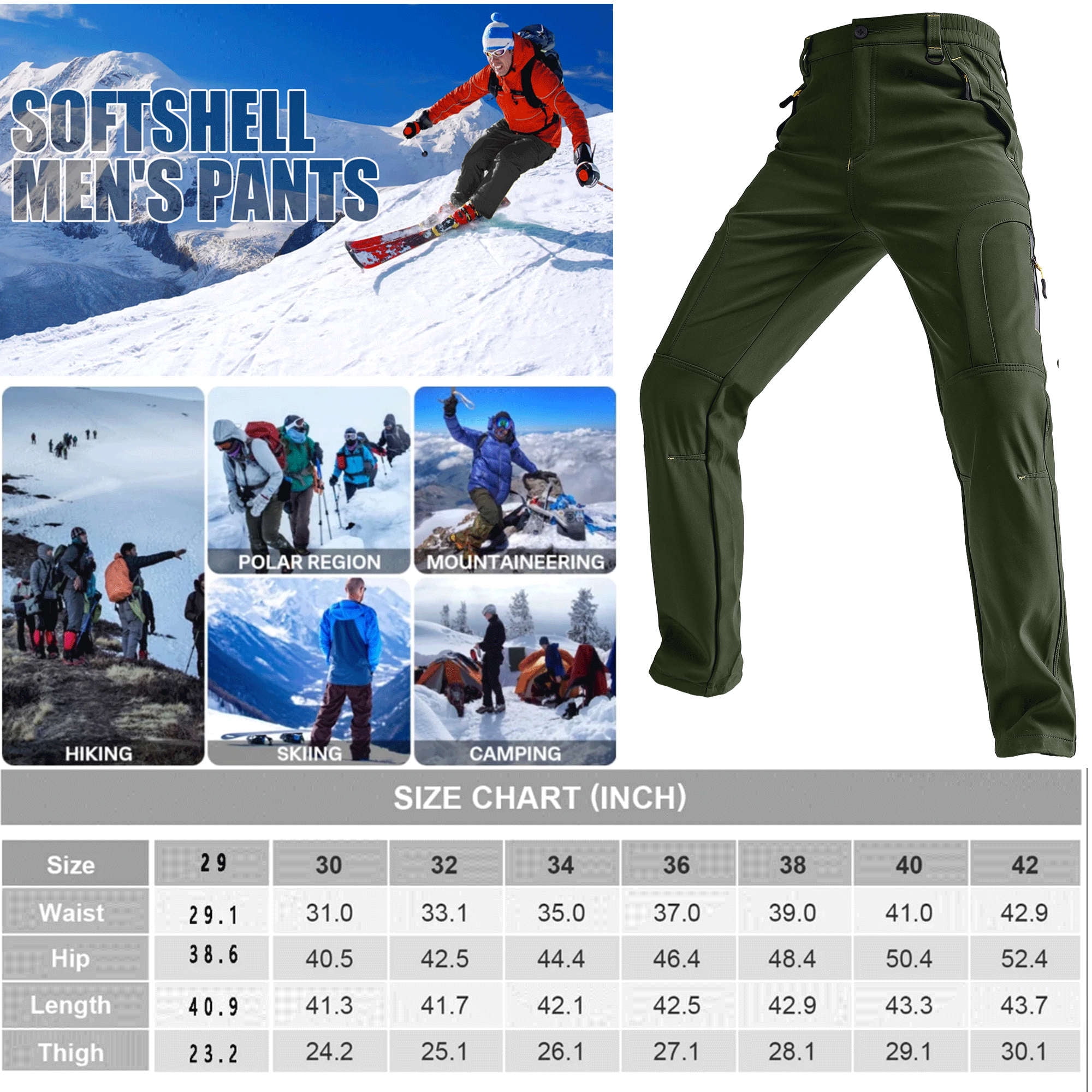 POENTAB Winter Work Pants for Men Fleece Lined Waterproof Insulated Snow Ski Pants for Outdoor Hiking Hunting Clothes Green 30