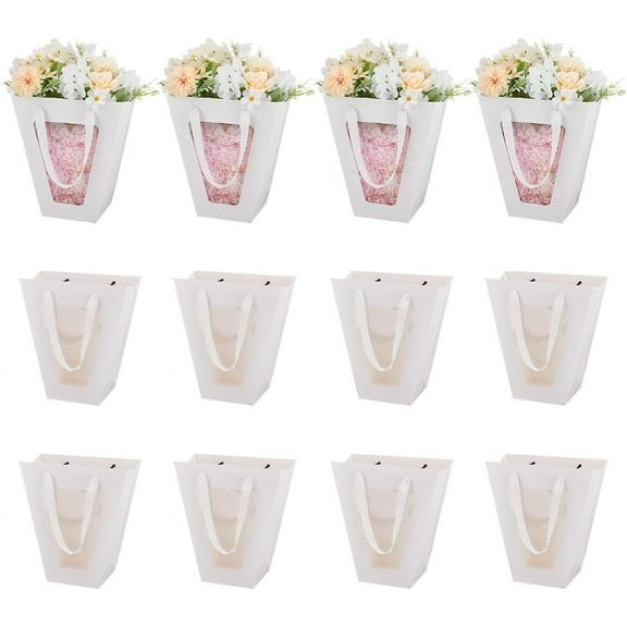 12pcs Trapezoid Paper Flower Gift Tote Bags with Plastic Visible Window Bouquet Bags with Handle for Birthday Wedding White 11x23.9x25.9cm