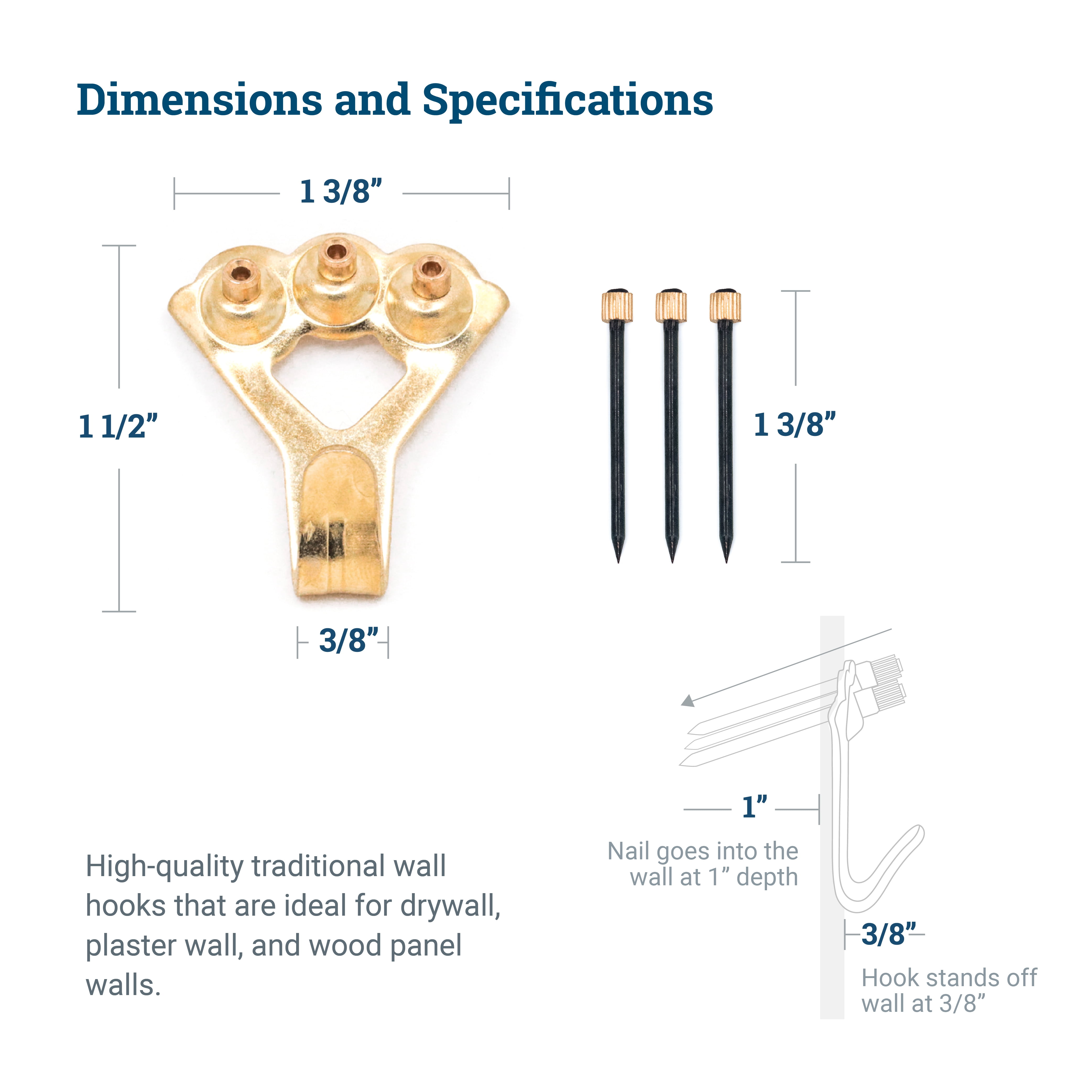 Picture Hang Solutions Brass Picture Hook with Nails 100-lb Capacity 100 Pieces per Pack