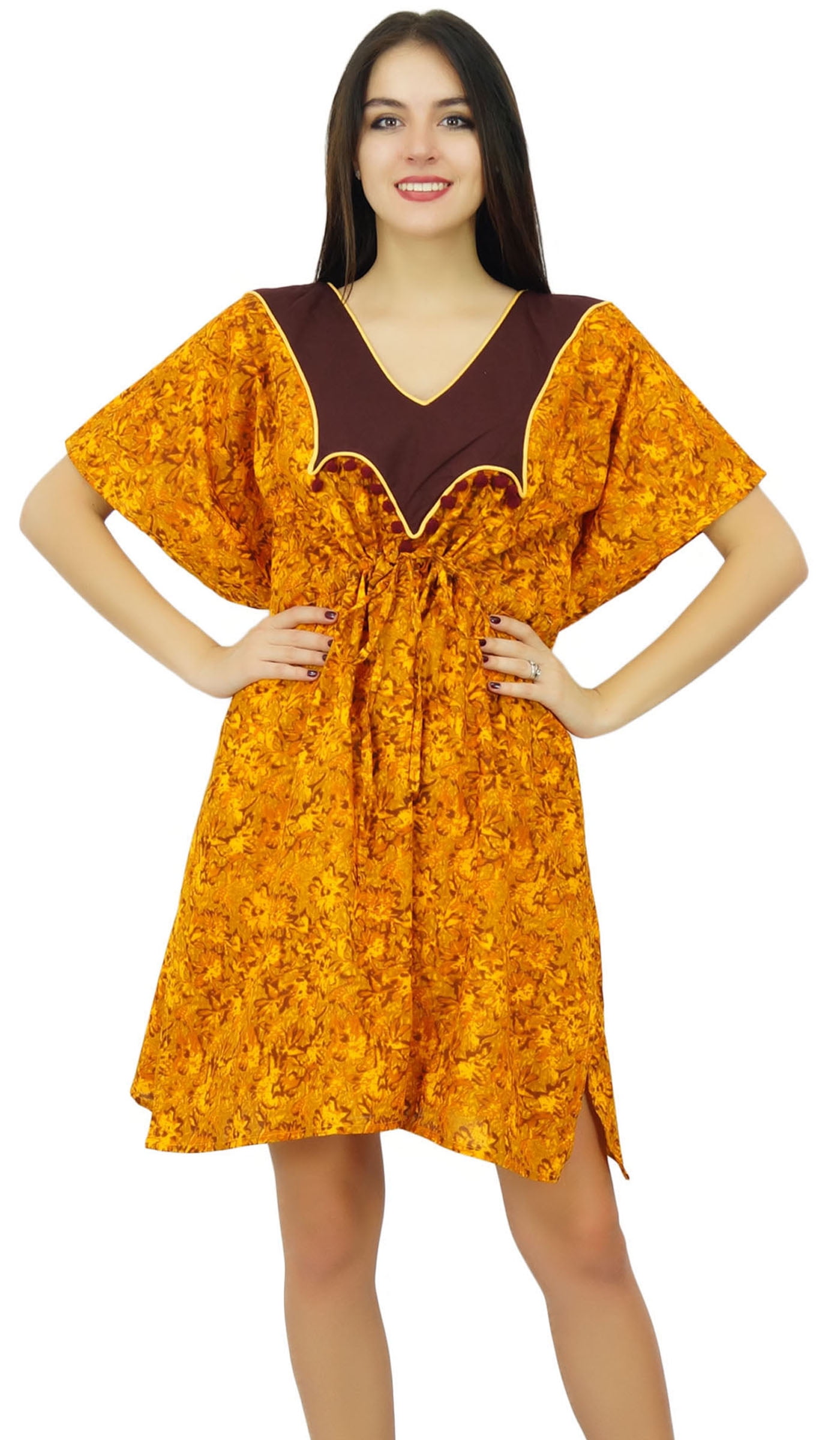 Bimba Womens Short Cotton Caftan Cover Up Drawstring Kaftan Night Gown