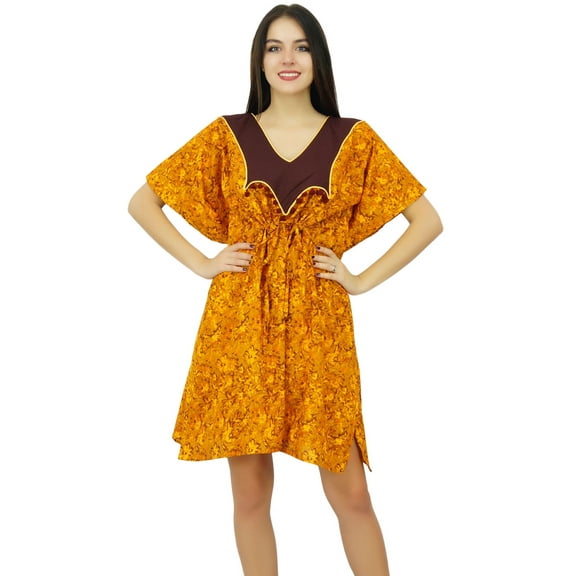 Bimba Womens Short Cotton Caftan Cover Up Drawstring Kaftan Night Gown Dress