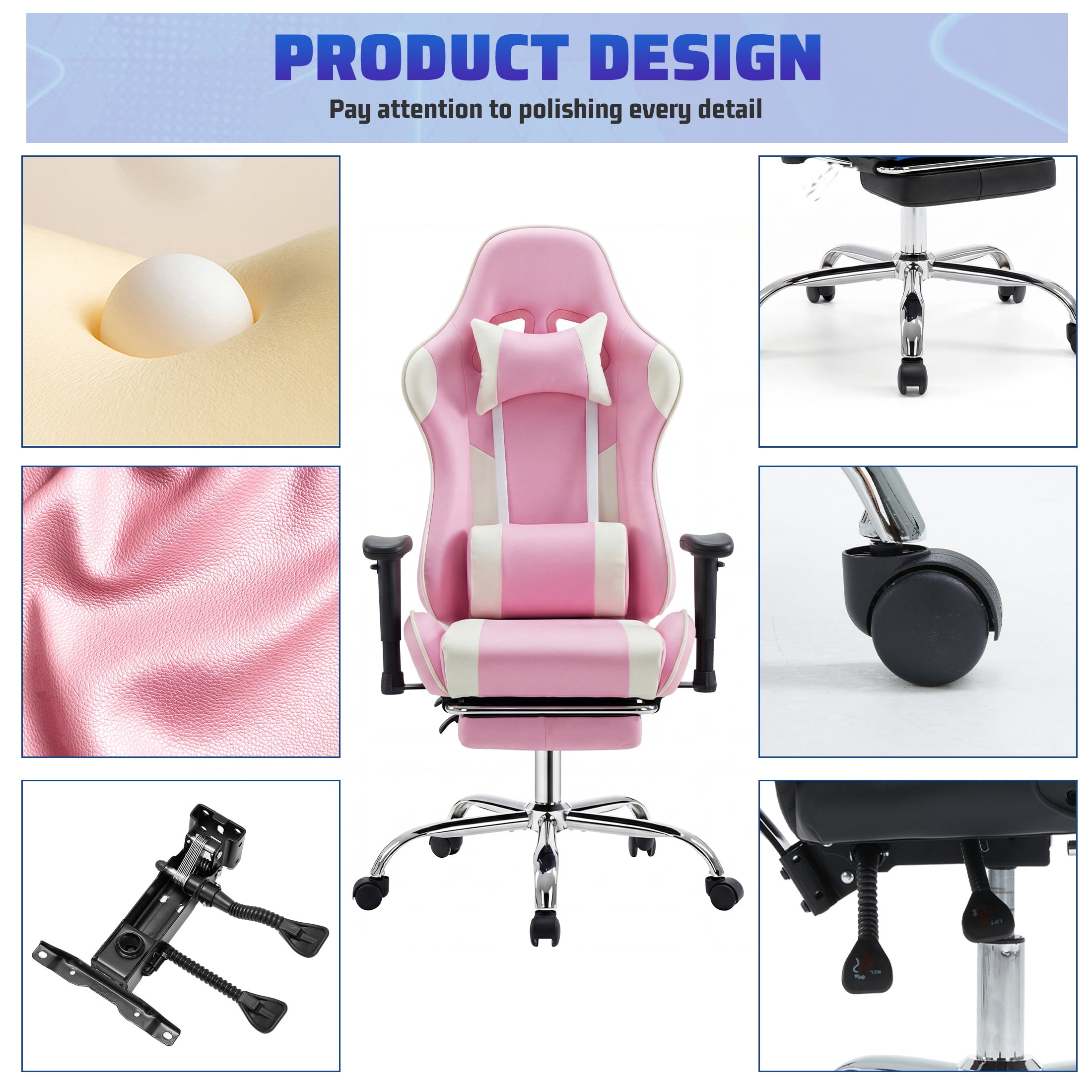 Gianna Ergonomic Gaming Chair, Adjustable Height with 360° Swivel, Flip-Up Armrests, Headrest & Lumbar Cushion Included, Pink