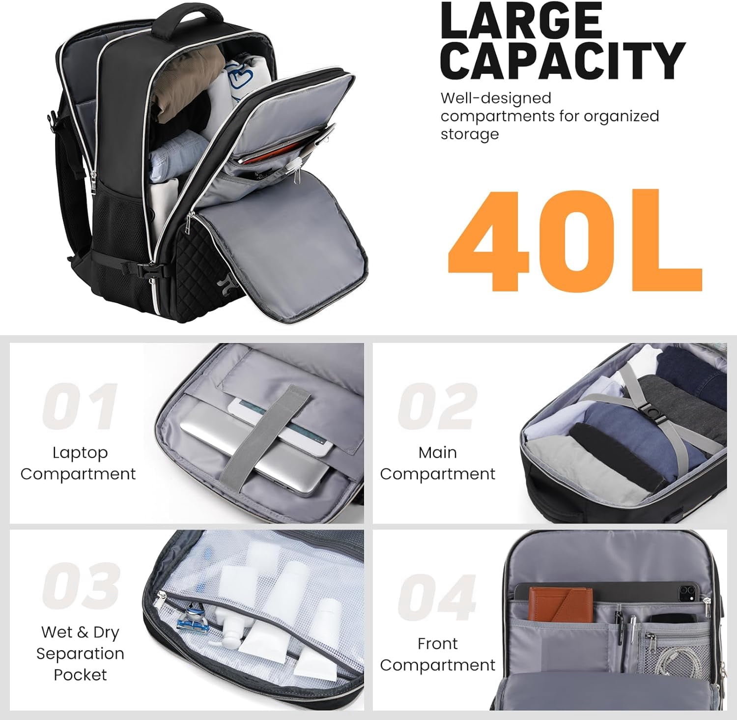 Travel Backpack For Women And Men, 40L Flight Approved Carry On Bag, Water Resistant Large Casual Daypack Fit 17 Inch Laptop with USB Charging Port, The Best Gift Choice