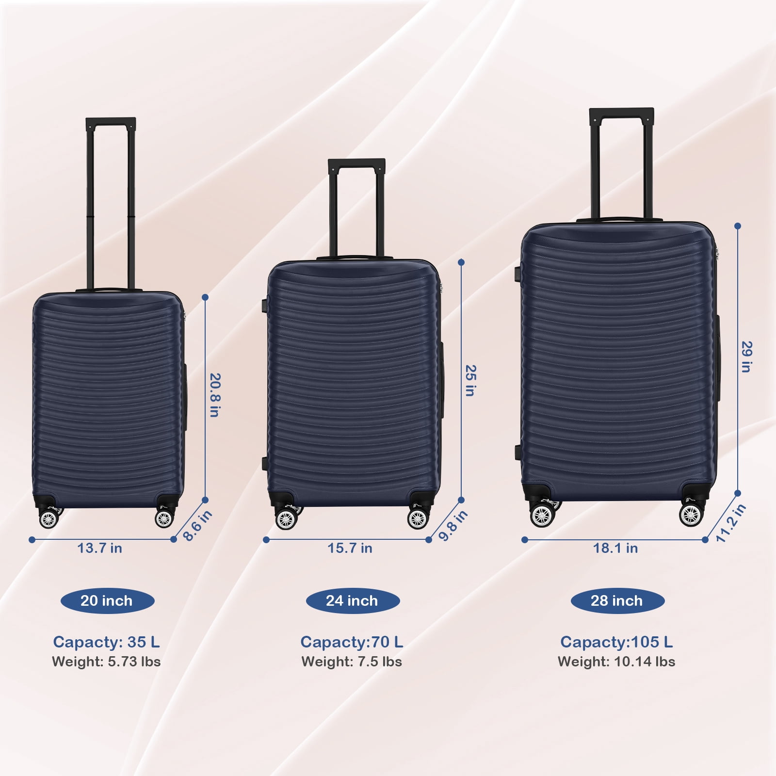 Horizontal Stripe Luggage ABS 3-Piece Set (20"+24"+28") Blue